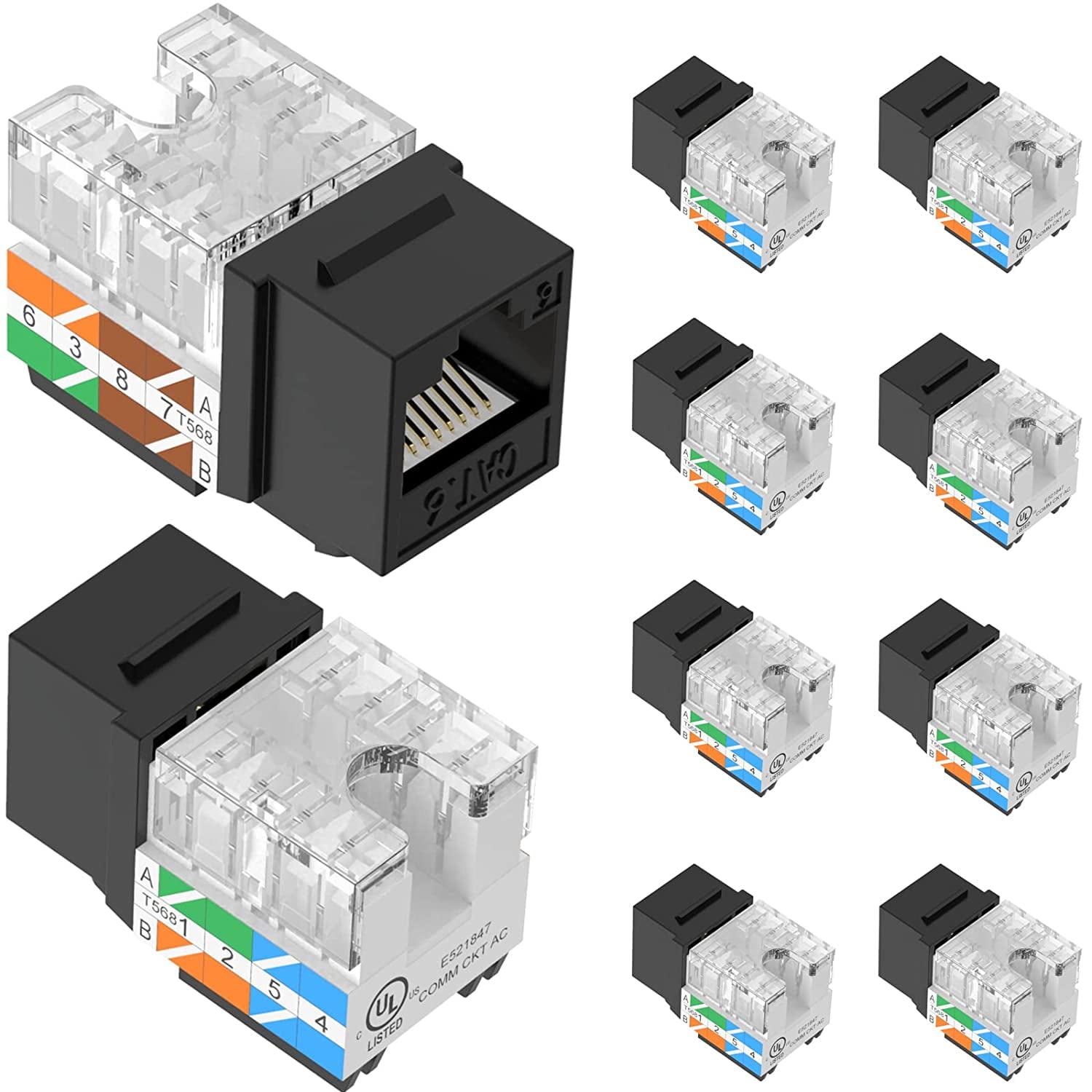 Cat6 RJ45 Key Jack ULListed 10Pack, Slim Profile Cat5e Cat5