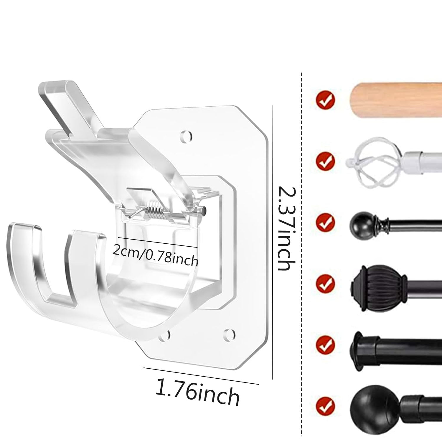 Genreen 8-Pack Self-Adhesive No-Drill Curtain Rod Brackets – Transparent, Nail-Free Adjustable Hooks for Bathroom & Kitchen