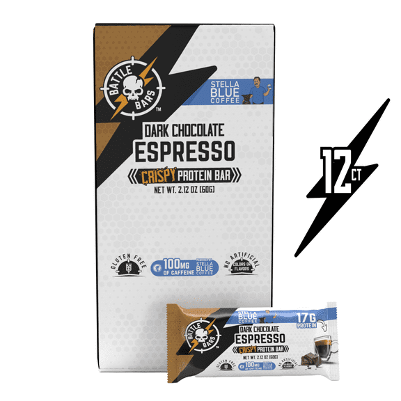Battle Bars Dark Chocolate Espresso Marshmallow-Crisp Protein Bars, 12 Pack, 2.10oz, 16g Whey Protein, Gluten Free