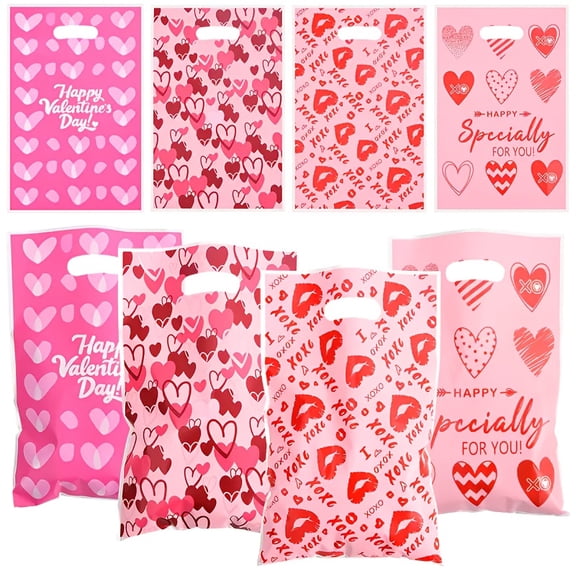 50 Valentine's Day Gift Bags - Waterproof Plastic, Red and Pink Heart-Shaped Patterns, Suitable for Small Gifts, Candies, Party Giveaways, Wedding and Birthday Decorations