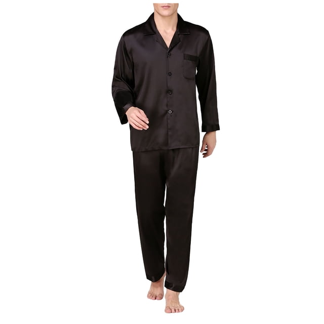 Satin Pajama Set Men Solid Casual Long Sleeve Pajama Trousers with Pockets and Button Closure. The set features a silky, wrinkle-resistant polyester fabric, including a long-sleeve top with a classic collar and matching trousers. Perfect for men's sleepwear or lounging, offering comfort and style.