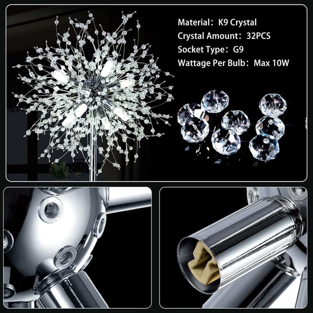 Modern Crystal Floor Lamp for Living Room & Bedroom, 69" Tall with 32 Firework Crystals, Sturdy Chrome Base, 360° Lighting, Easy Assembly