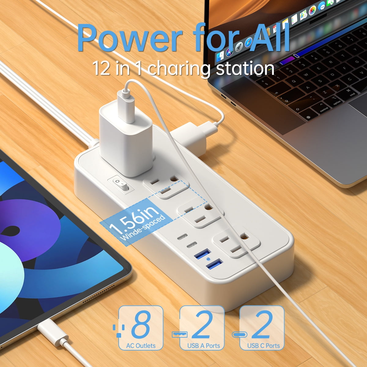 US Power Strip 8 Outlets Surge Protector 12 in 1 Charging Station2 USB C 2 USB Ports,5FT Flat Plug Extension Cord for Home