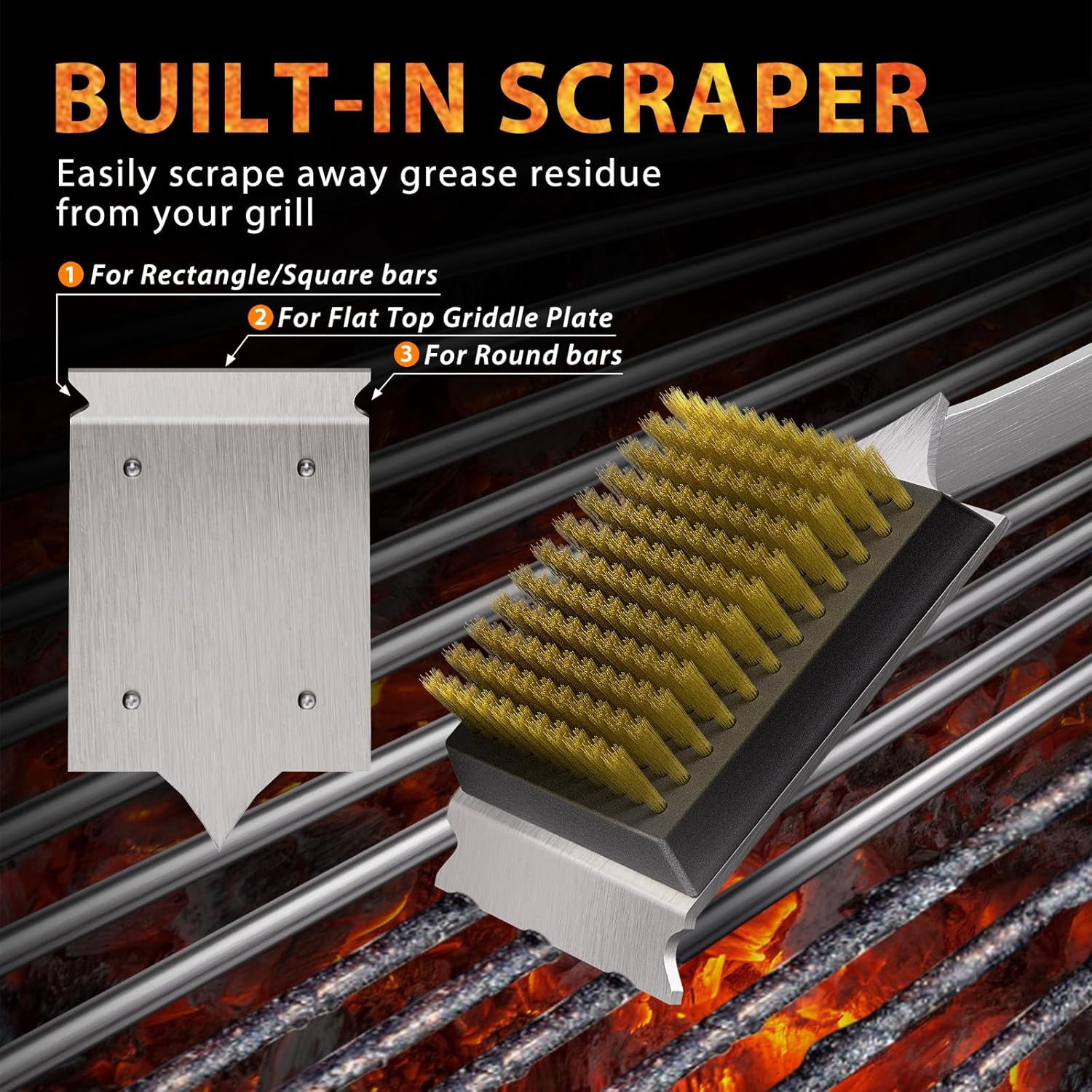 Grill Brush and Scraper for Barbecue, 17" Outdoor Grill, Extended Rosewood Handle 2 Replaceable Copper Wire Heads, Cleaning Accessories Most