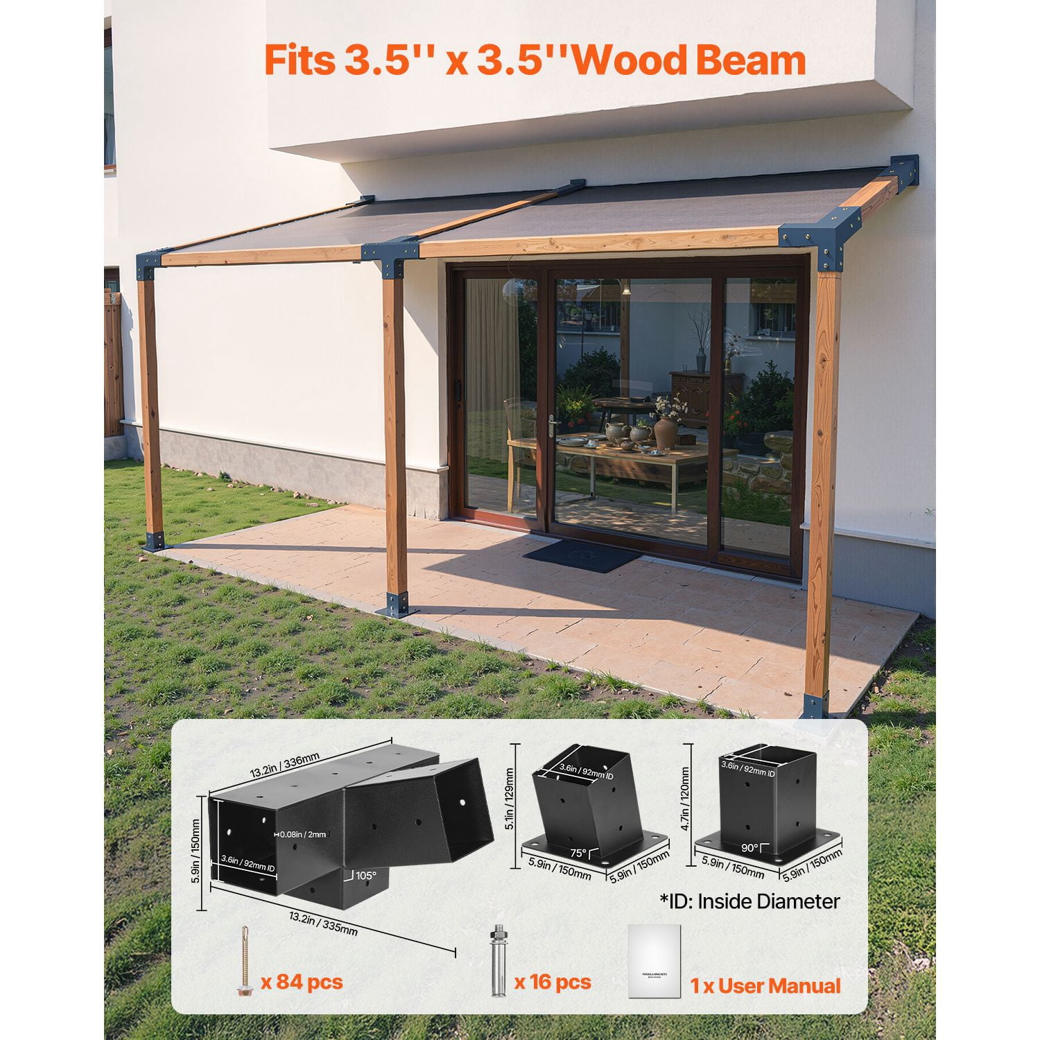 Pergola Kit, 4x4 Inch 4-Way Slanted Bracket for 3.5x3.5 Inch Wood Beams in Actual Size, Carbon Steel Pergola Bracket with Post Base and Wall Mount Base, for Outdoor Pergolas, Gazebos, Sheds