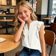 thumbnail image 6 of Fengqque Girls Blouse V-Neck Ruffled Cap Sleeves Pleated Front Relaxed Fit Flowy Casual Top 5-14 Years White 13-14Years, 6 of 9