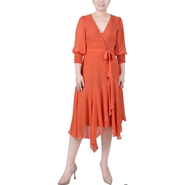 NY Collection Womens Chiffon Belted Handkerchief Hem Flounce Dress, darkorange, Petite, PL