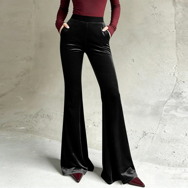 Pincandy Women's Solid Color Velour Pants - Elastic Waist, Loose Flared Wide Leg Fit with Pockets, Comfortable for Loungewear & Casual Activities