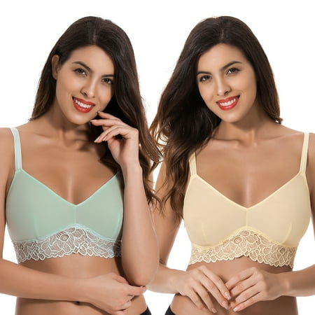 

Curve Muse Plus Size Plunge Unlined Bralette with Floral Lace-2 Pack-YELLOW SAGE-L