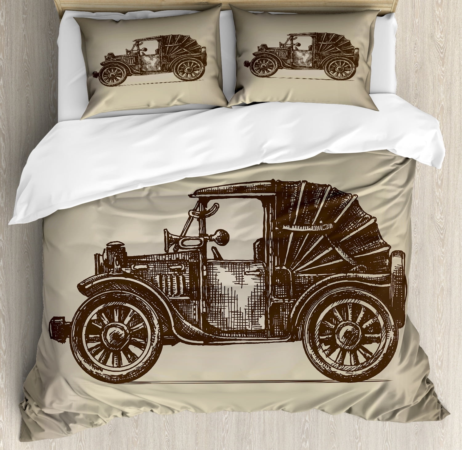 Cars Duvet Cover Set Queen Size, Classic Retro Car Design Early