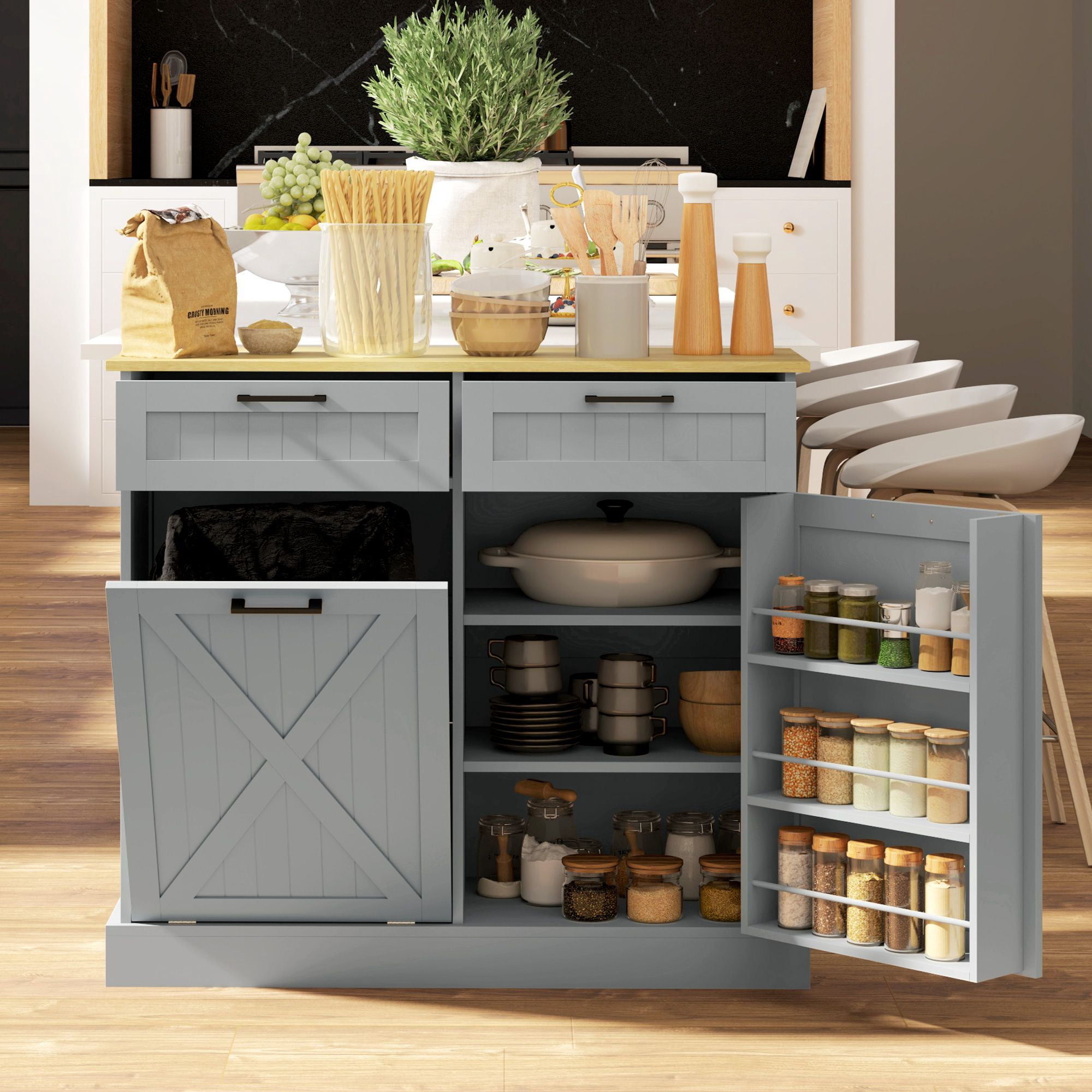 Tilt Out Trash Can Cabinet with 2 Drawers and Spice Rack, 10 Gallon Hidden Trash Can, MDF Kitchen Storage, 39.4 in Wide, 230 lb Capacity
