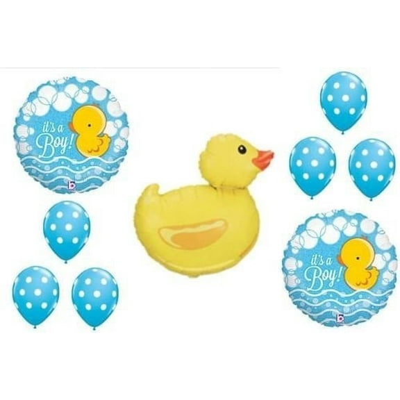 LoonBalloon DUCK Rubber BLUE Polka Dots It's a BOY BABY Shower Mylar & Latex Balloons Set