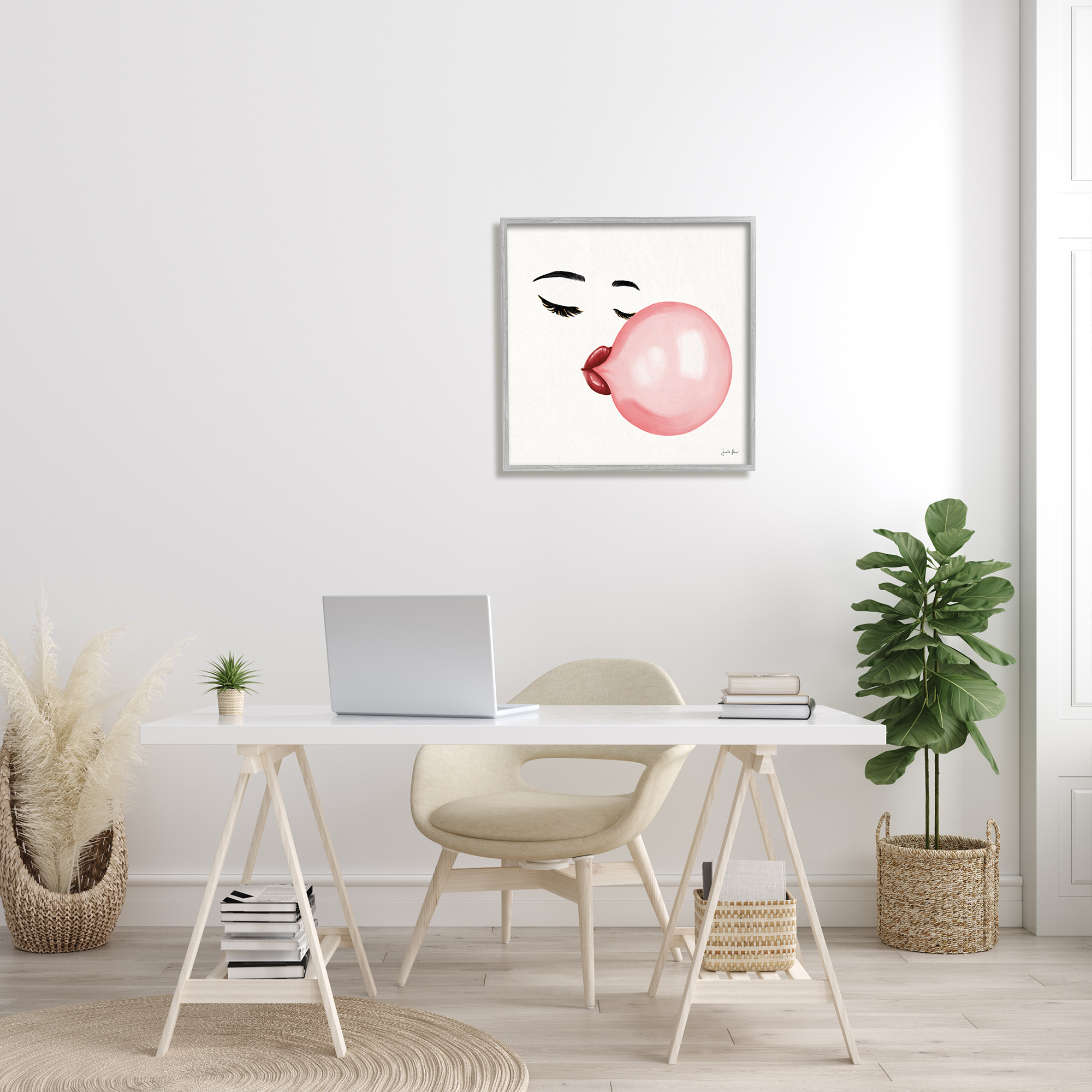 Stupell Industries Glamorous Face Blowing Bubble Gum Bold Lips Food & Beverage Painting Gray Framed Art Print Wall Art, 24 x 24