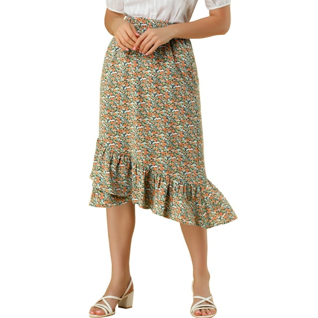Unique Bargains Women's Floral Elastic Waist Ruffle High Low Hem Skirts
