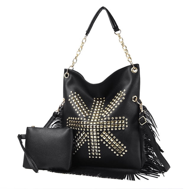 Bolso Mano Con Asa Superior Piel Sintética Flecos Y Tachuelas Gran Capacidad para Mujer