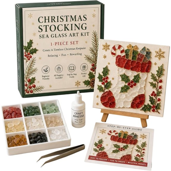 Christmas Sea Glass Art Kit, DIY Sea Glass Mosaic Art Kit for Beginner & Adults, Mosaic Craft Kit with Santa, Christmas Theme Artwork, DIY Home Decor, Craft Lovers Gift