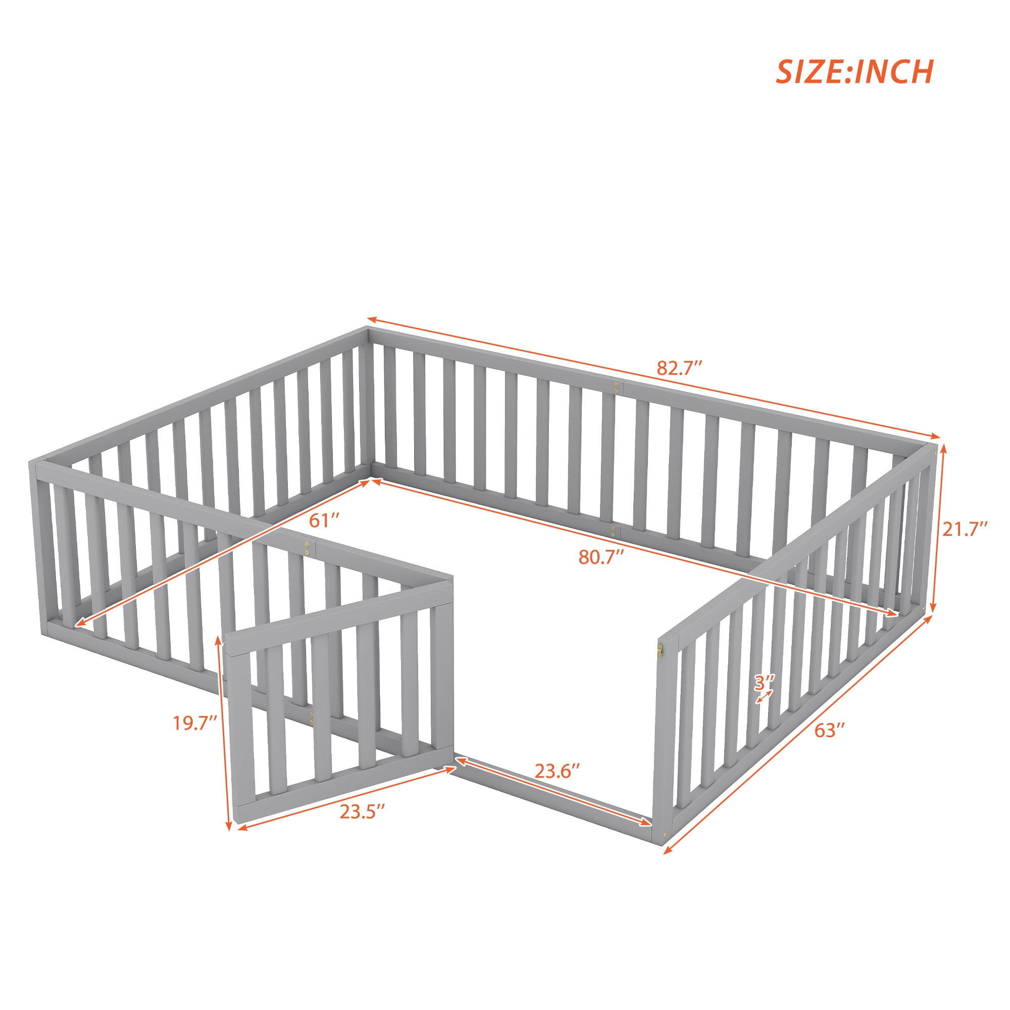 Harper & Bright Designs Montessori Floor Bed, Queen Size Floor Bed with Fence and Door, Floor Bed Frame with Guardrails for Boys Girls, Gray