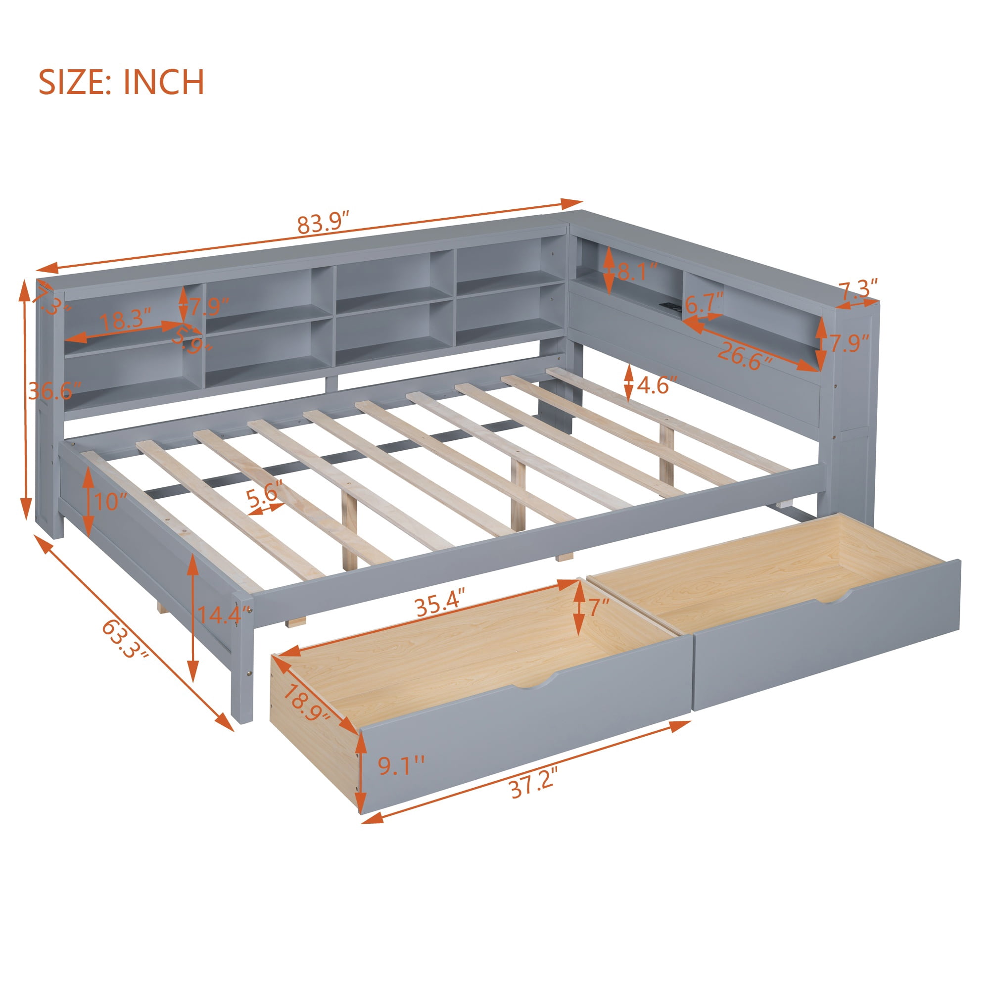 Mintazer Full Daybed with Storage Headboard & Charging Station, 2 Drawers & Shelves, Wood Bed Frame for Kids Bedroom, Grey