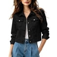 thumbnail image 2 of FDGIU Women's Lapel Button Down Cropped Denim Jacket, Cuffed Long Sleeve Solid Jean Coat with Chest Flap Pockets for Spring Fall Casual Daily Layering, 2 of 5