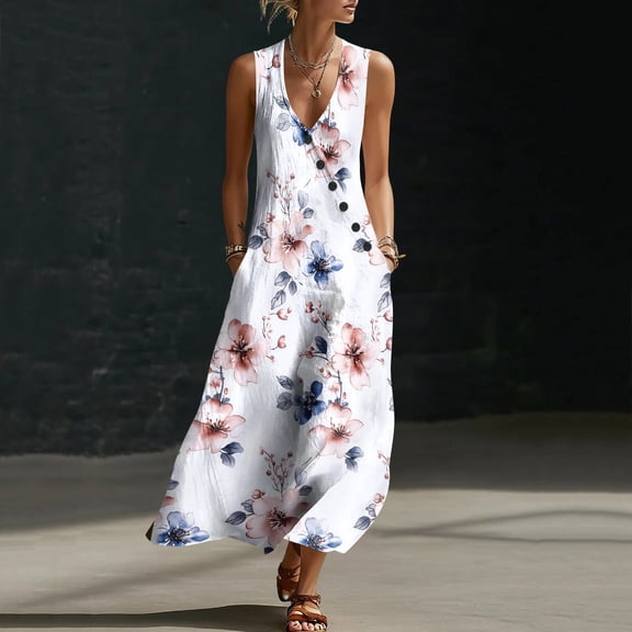 Neewe Womens Summer Casual Maxi Dresses 2026 Sleeveless Long Dresses Print V Neck Loose Sundresses with Side Split Pockets