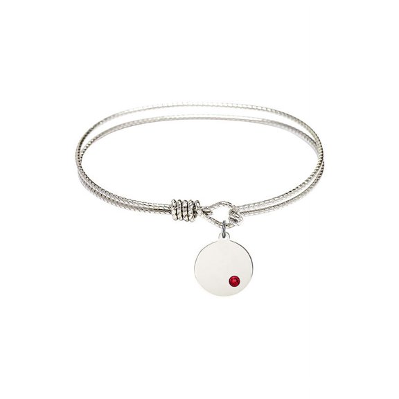 7 1/4 inch Oval Eye Hook Bangle Bracelet w/ Plain Disc medal charm w/ July Red Swarovski Crystal