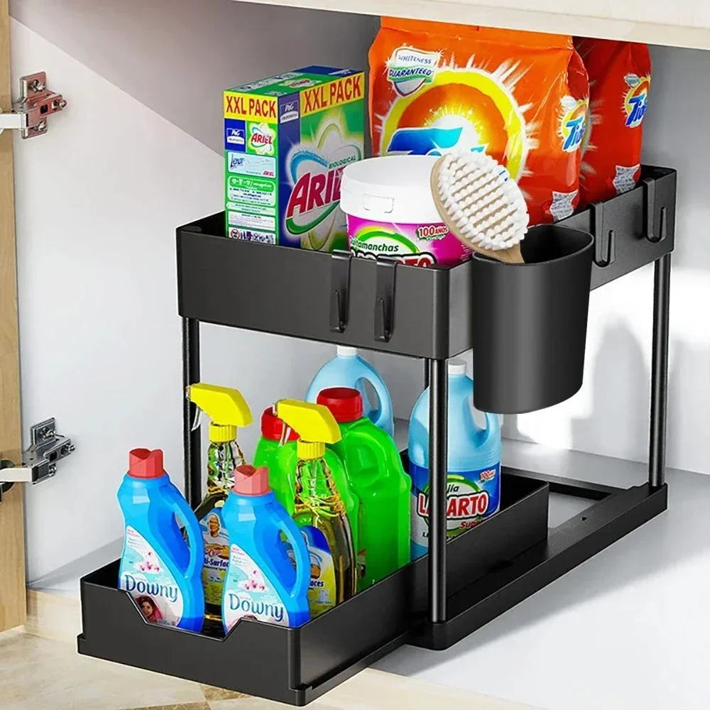2 Tier Under Sink Organizer Sliding Cabinet Basket with Hooks Hanging Cup - New Bathroom Kitchen Space-Saving Rack