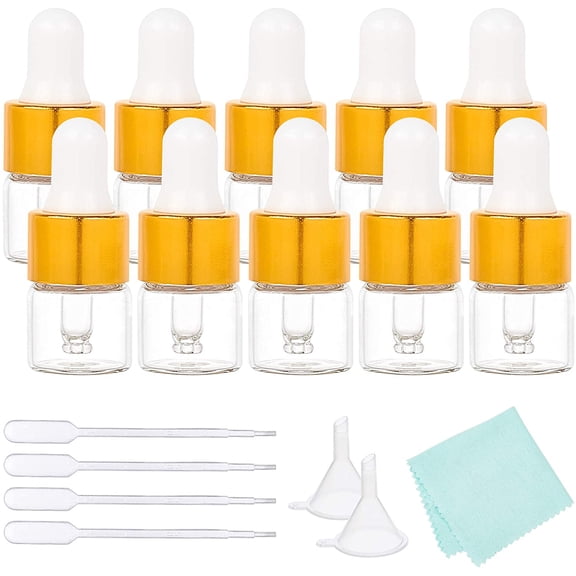 50 Pack 1ml Mini Glass Bottles with Dropper Pipettes Mini Empty Eye Glass Dropper Bottles with Pipettes Funnel Polishing Cloth for Essential Oil Perfumes for DIY