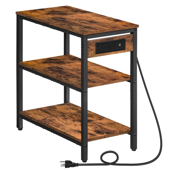 Rustic Brown Black 3-Tier End Table with Charging Station, 23.6W x 11.8D