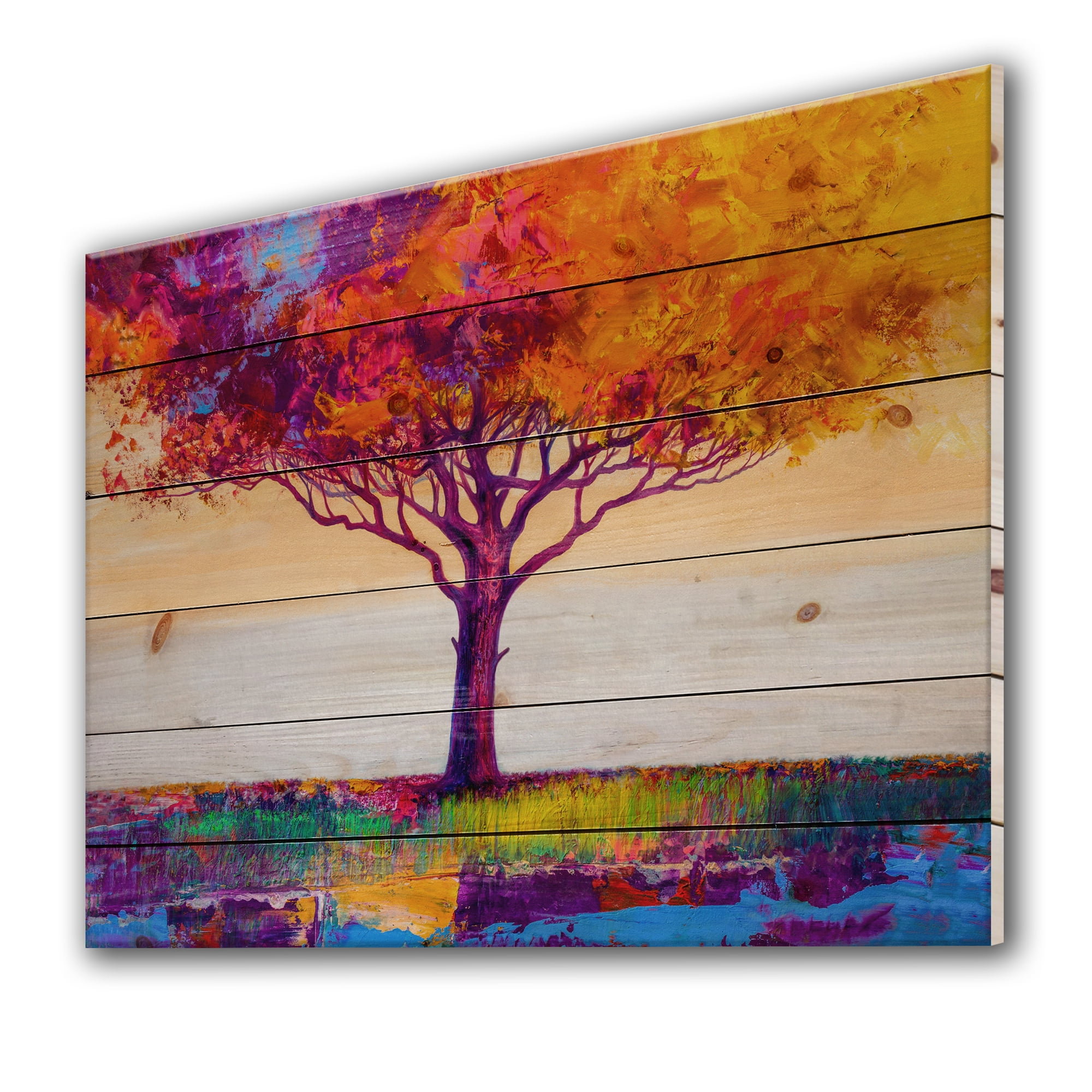 Designart 'Autumn Colored Treescape Forest XI' Farmhouse Print on Natural Pine Wood