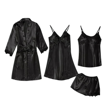 Ecqkame Women s 4 Pieces Silk Satin Pajamas Sleepwear Sets Long Sleeve Pajama Set Solid Nightwear Black L