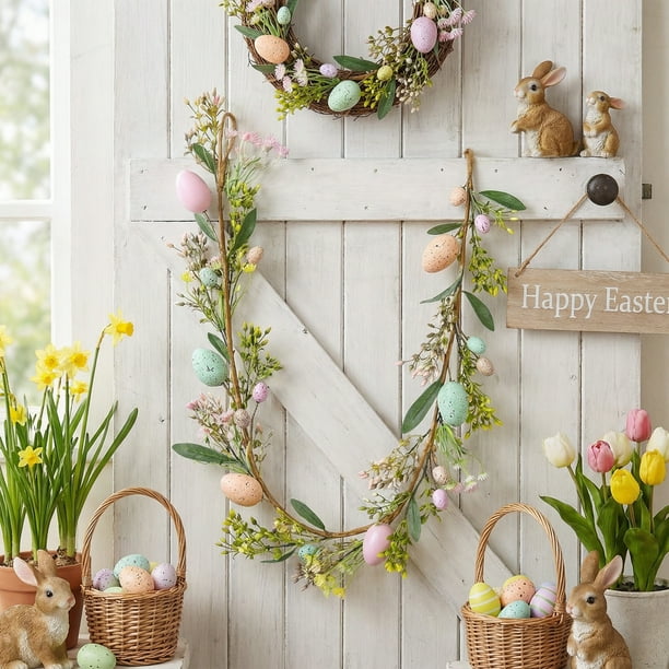 CaiYueKe Artificial Easter Wreath Spring Floral Garland Hanging Door Decor with Faux Eggs Butterflies Home Table Centerpiece Wall Decoration for Holiday Party Indoor Outdoor Seasonal