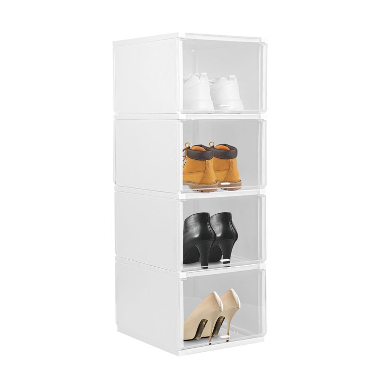 4 Pack Stackable Shoe Storage Boxs,Foldable Clear Sneaker Display Box  Foldable Shoe Box pp Material,Stackable Storage Bins White,X-Large