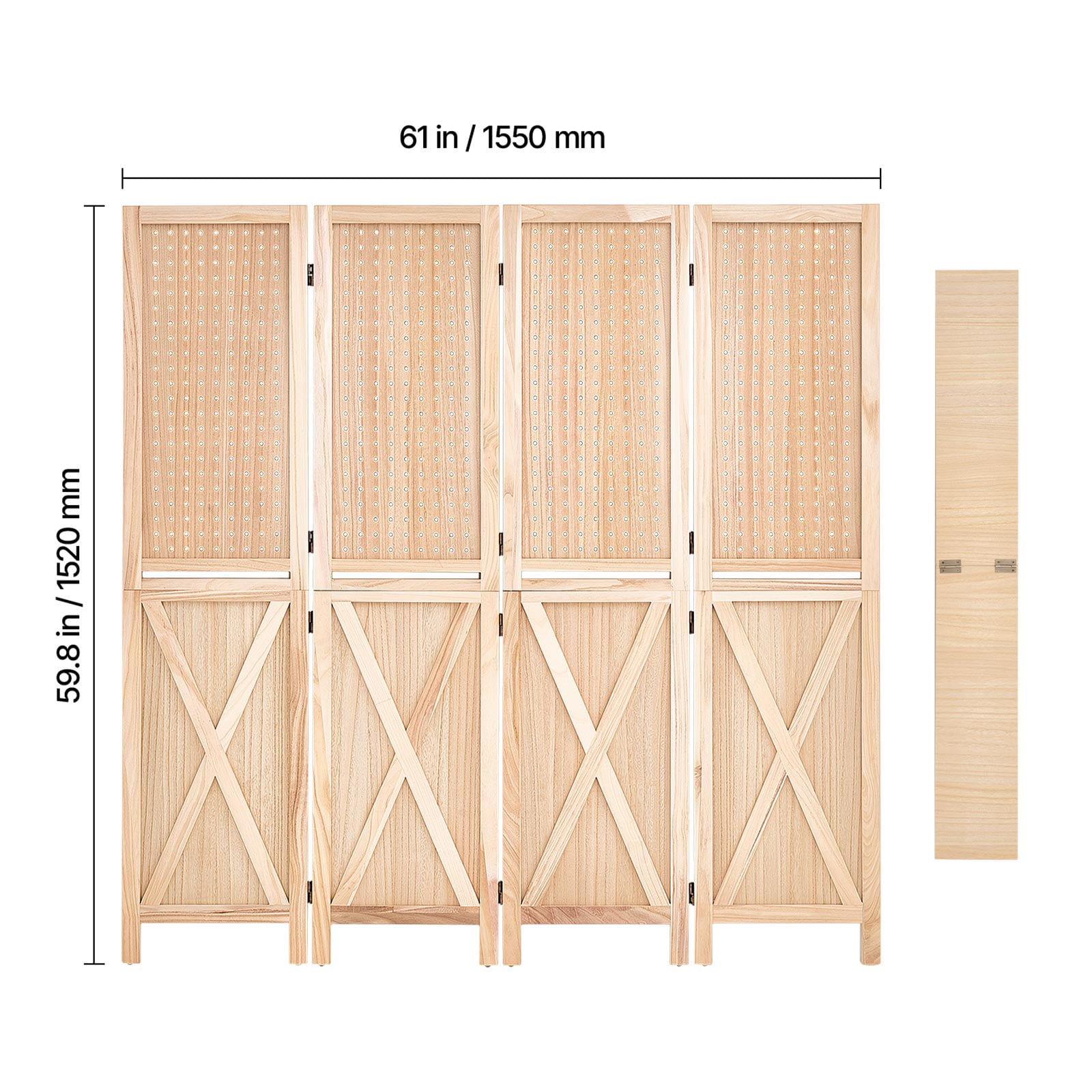 KFFKFF Wooden Room Divider Pegboard Folding Privacy Screen with Shelves, Ideal for Room Separation and Home Decoration, 4 Panels, Sturdy Frame with X Design, 360° Dual-Directional Hinges