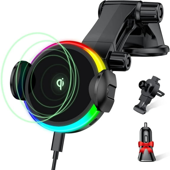 Dekala Magnetic Wireless Car Charger for MagSafe Car Mount QI Fast Charging for iPhone 13/12 Series Auto Clamping Windshield Air Vent Car Mount Qi 3.0 Charger Ambient RGB Light