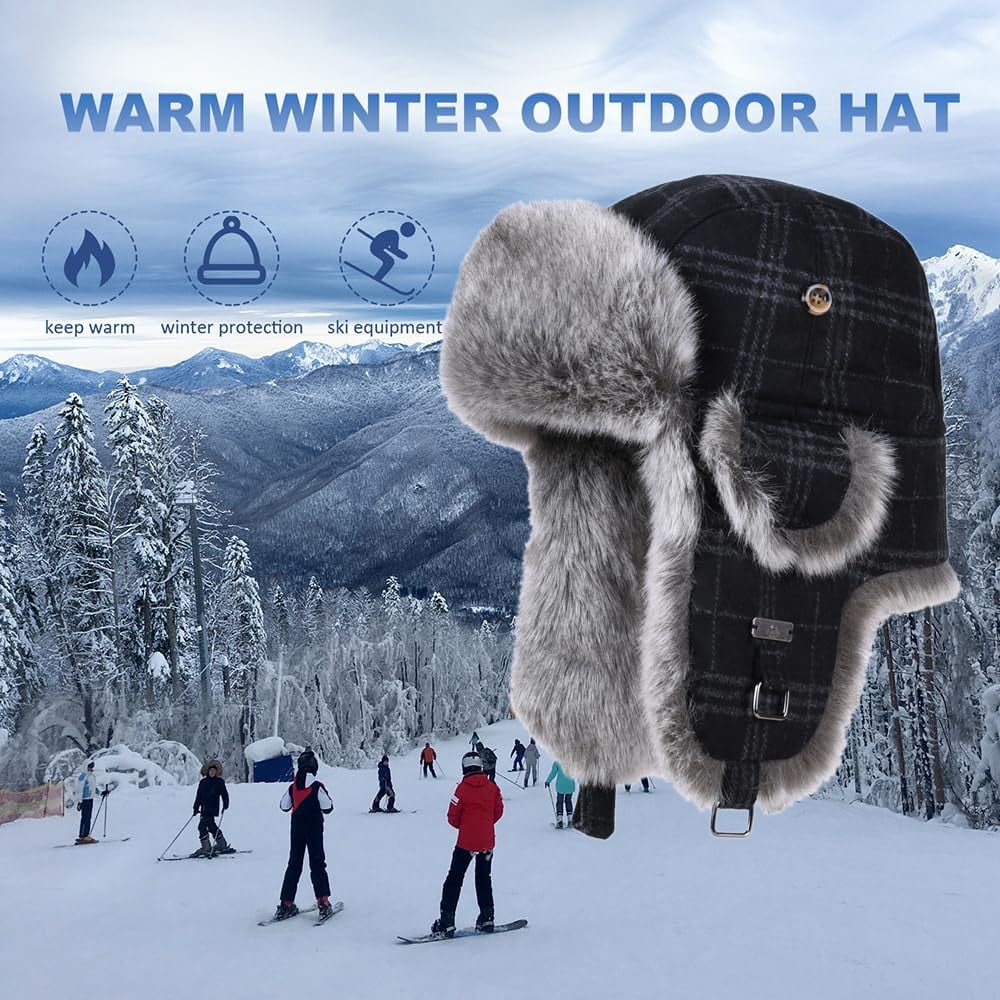 Fur Winter Trapper Hat,Wool Faux Fur Aviator Ski Trapper Trooper Pilot Snow Eskimo Hat with Ear Flaps for Men & Women