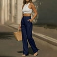 thumbnail image 4 of Women's Solid Color Wrinkle-Free Pleated High Waisted Business Casual Wide Leg Dress Pants Navy M(M), 4 of 8