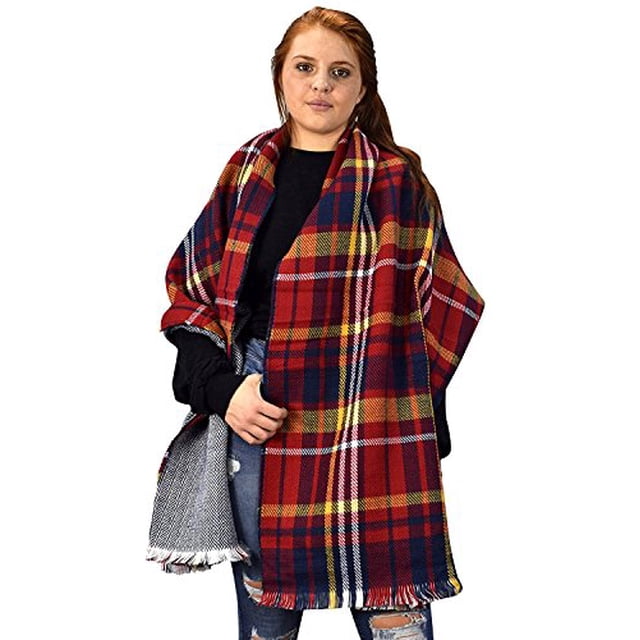 Peach Couture Couverture Réversible Surdimensionnée à Carreaux Tartan Motif Chevrons Foulard