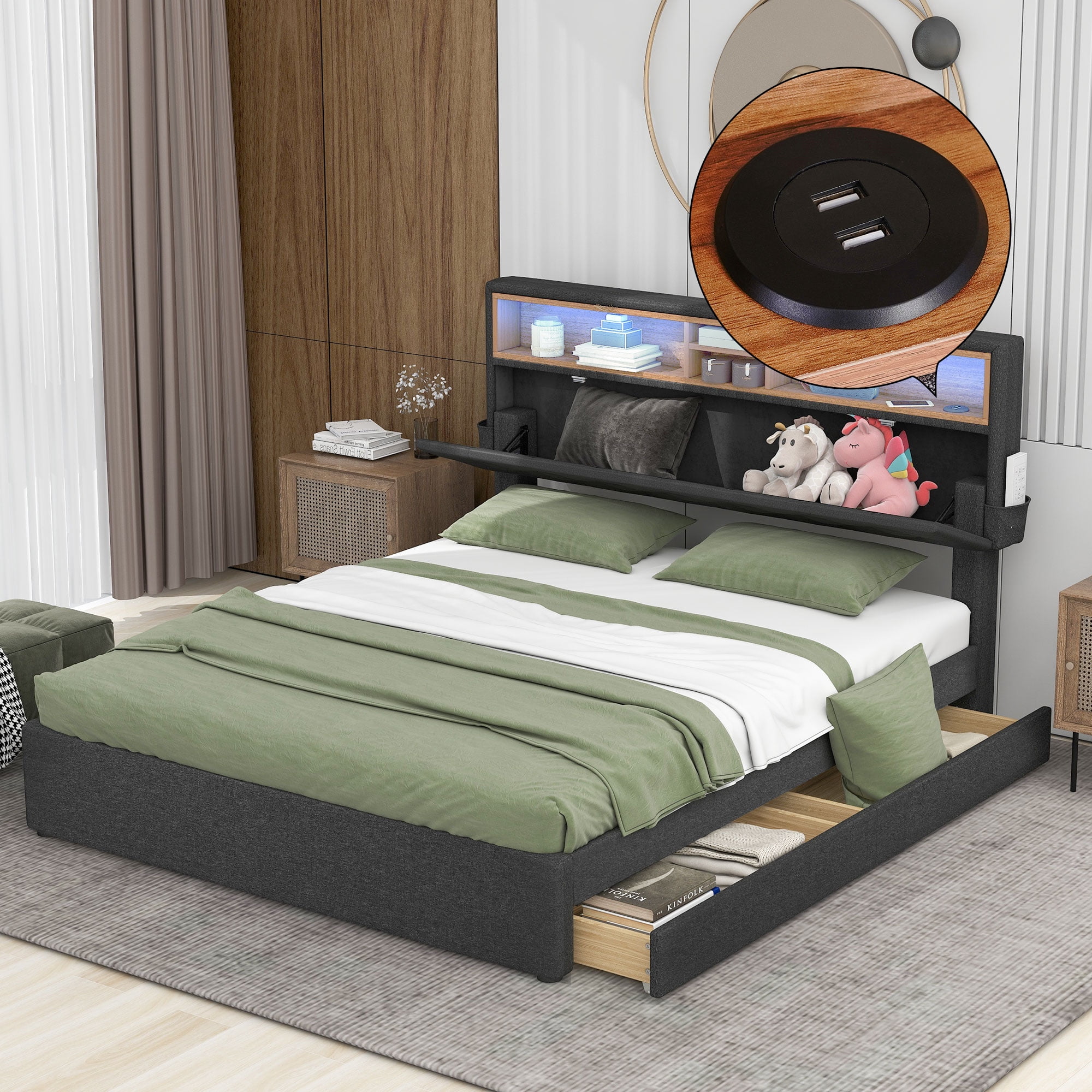 Euroco Adult Queen Modern Platform Bed with Storage Drawers, Gray
