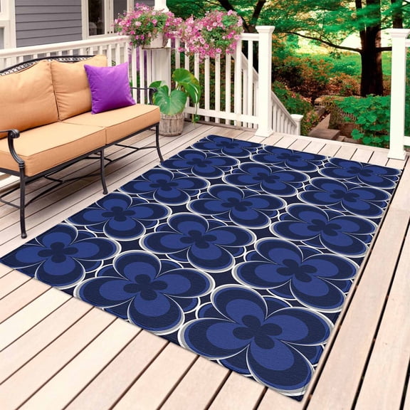 Navy Blue Boho Outdoor Rug 3x5 Ft, Non Slip Washable Area Rug, Farmhouse Abstract Floral Aesthetic Patio Rugs Carpet Runner, Large Floor Mat for Indoor/Outdoor Deck Porch Camping