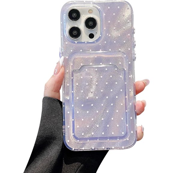 Case Luxury Glitter Credit Card Holder for iPhone,Cute Polka Dot,Full Body Protection,Wallet Shockproof Cover (Purple,iPhone 14 Pro Max)