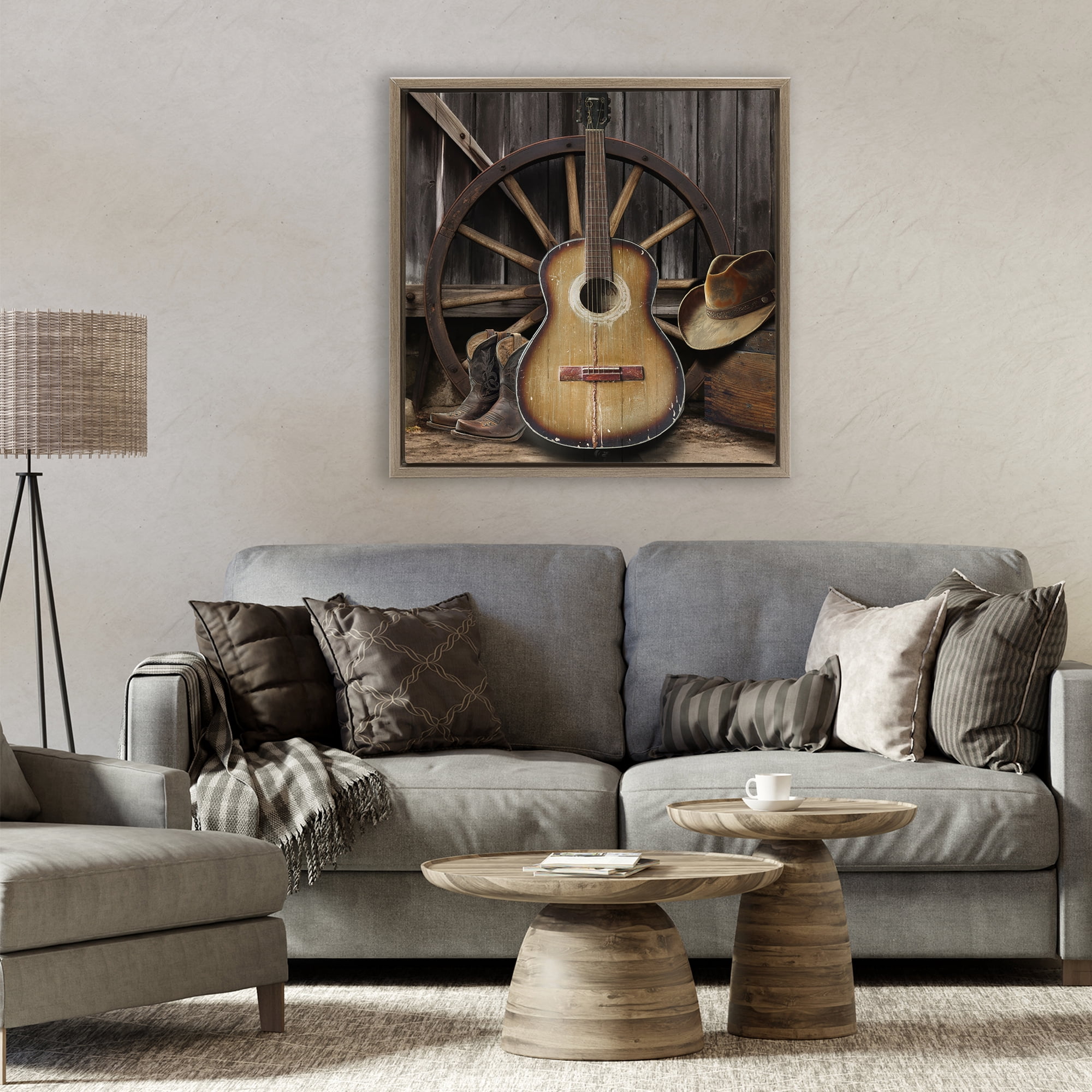 Stupell Industries Rustic Western Guitar with Hat Brown Framed Floater Canvas Wall Art, design by CAD Designs