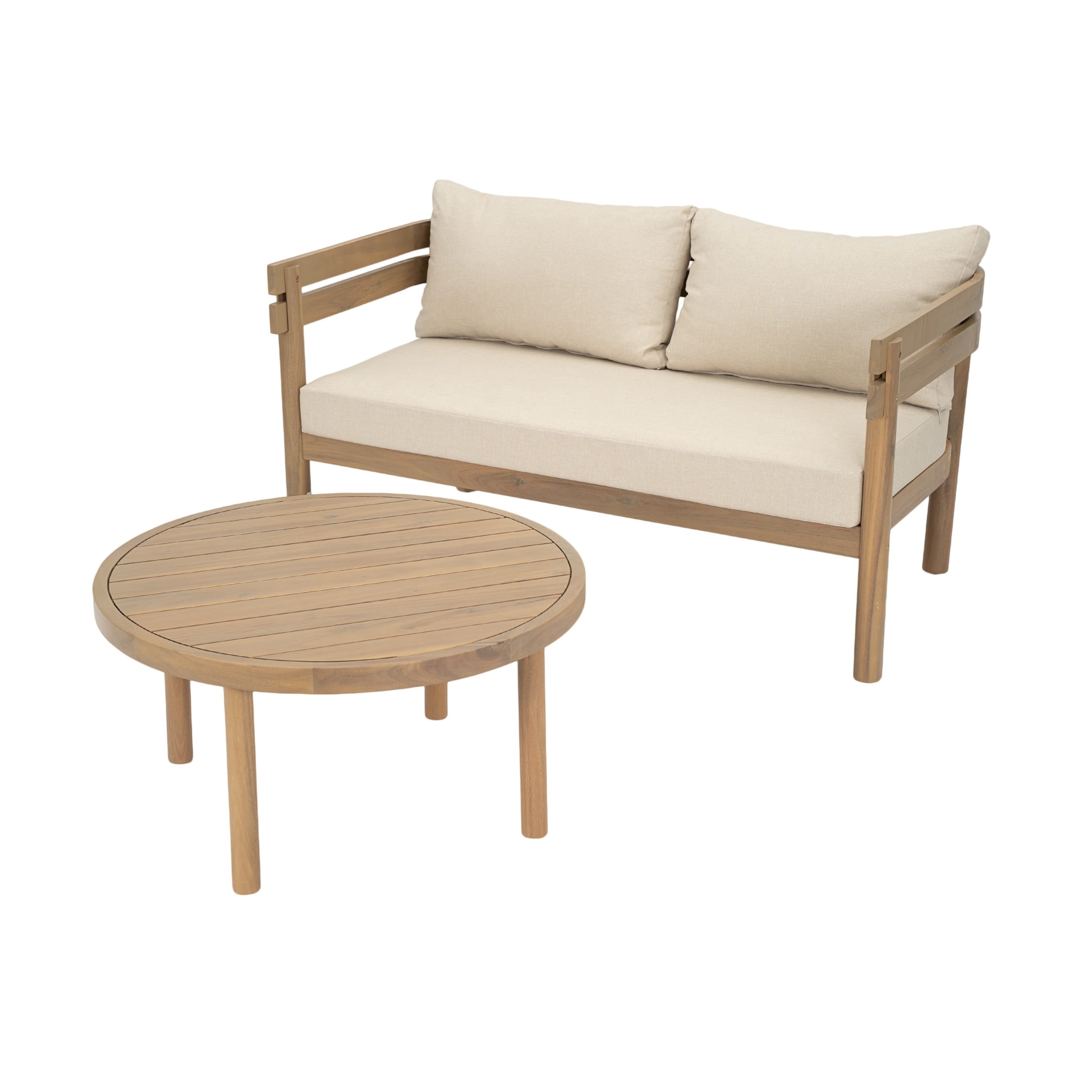 Christopher Knight Home 2-Piece Wood Patio Loveseat and Table Set with Cushions, Light Brown+Beige