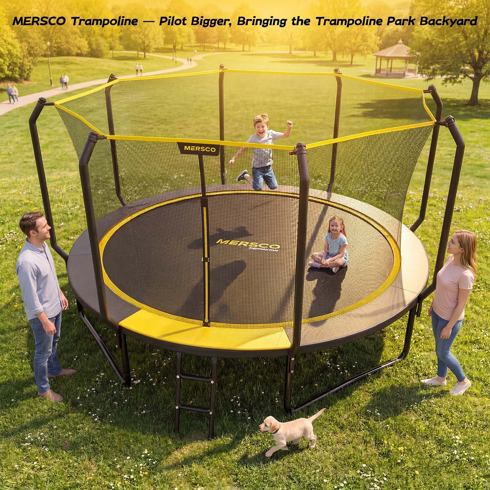 Mersco 14ft Outdoor Trampoline with Enclosure Net and Ladder,Jumping Trampoline for Kids and Adults, Kids Trampoline for Backyard Birthday Gift, Black