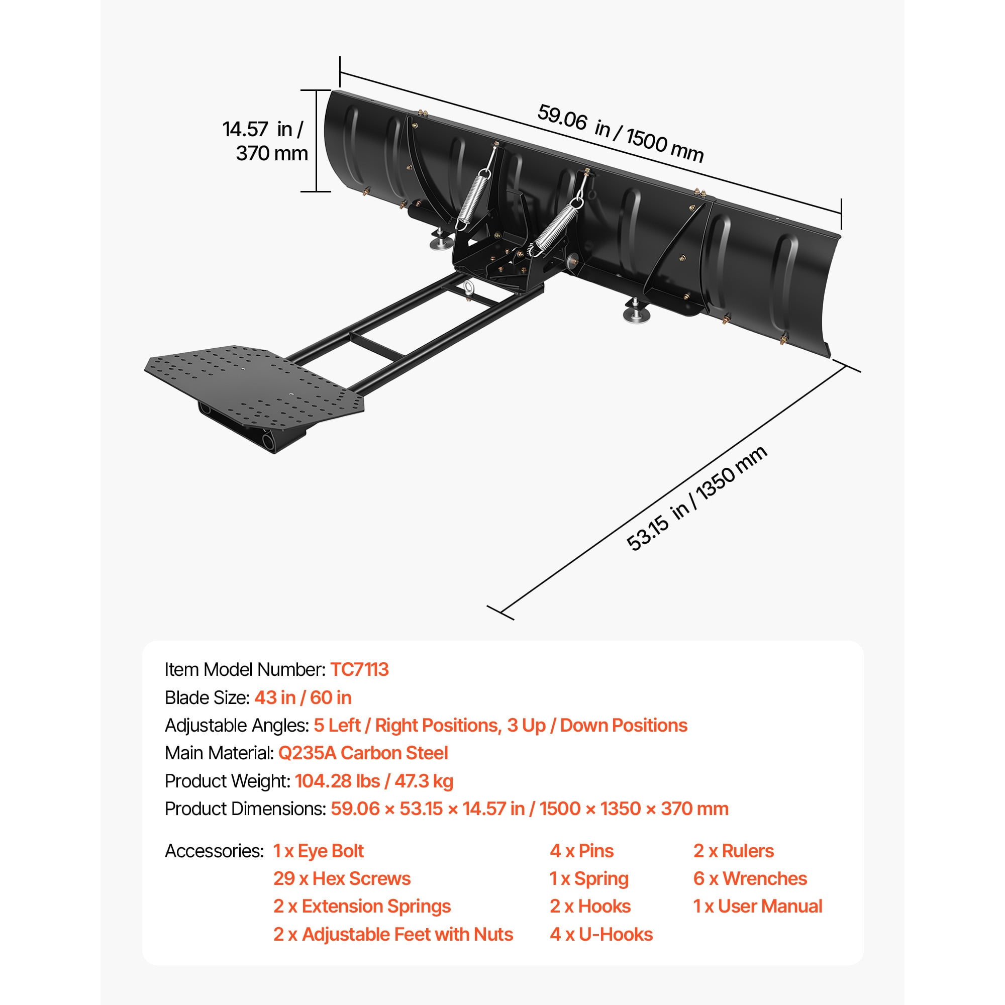 KFFKFF Adjustable Snow Plow Kit with 43-60 Inch Width for ATVs and UTVs, Features Height and Angle Adjustments, 3 Mounting Options, Durable Steel Blade for Effective Snow Removal