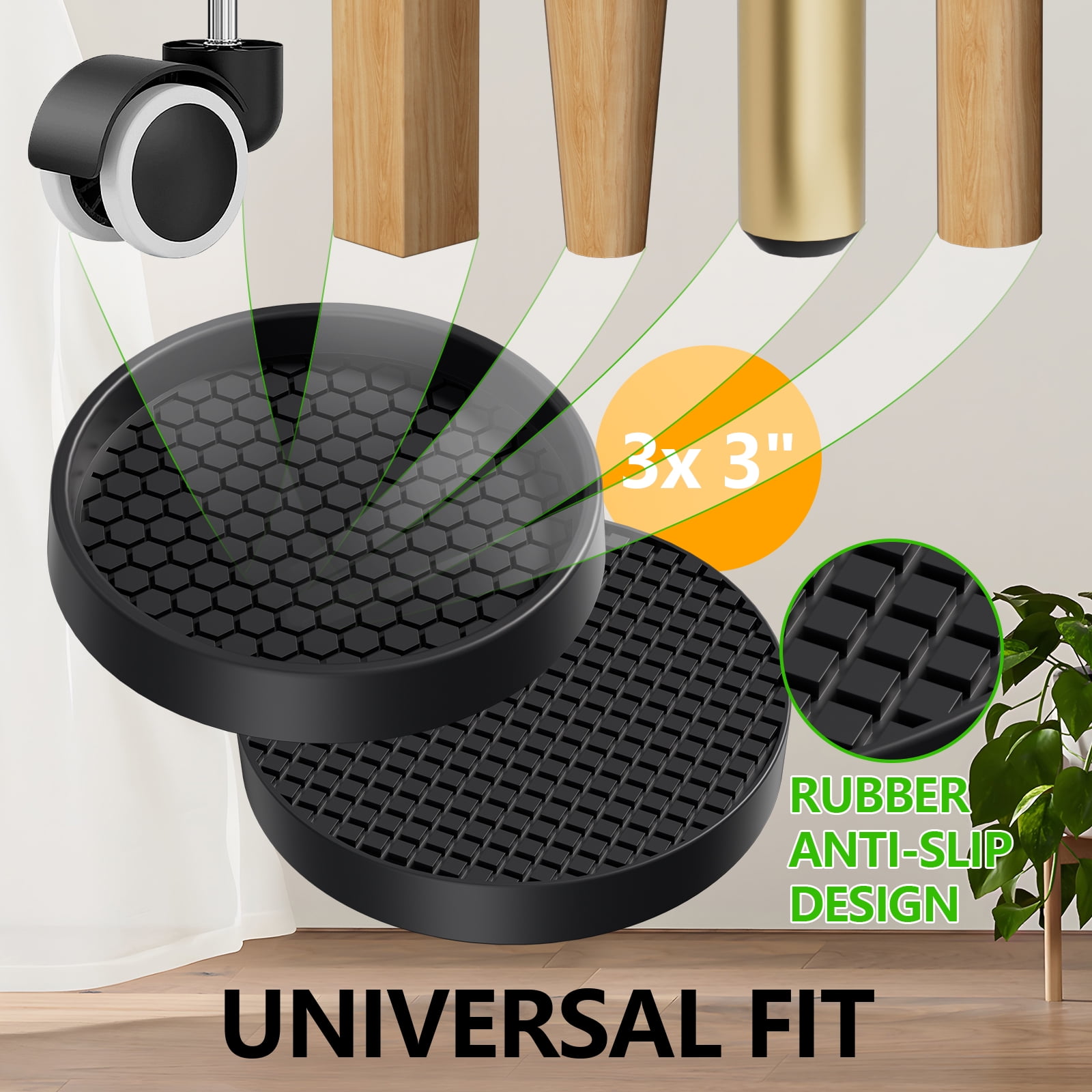 Non Slip Furniture Coasters - 3? Non Skid Furniture Pads for Hardwoods Floors, 12 PCS Round Rubber Furniture Caster Cups, Anti Slide Furniture Feet Floor Protectors for Bed Couch Stoppers (Black)