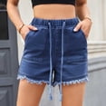 thumbnail image 3 of Bloomae Denim Shorts for Women Casual Drawstring Stretchy Elastic High Waist Comfy Short Jeans Lightweight Frayed Hem Summer Hot Pants with Pockets Dark Blue L, 3 of 6