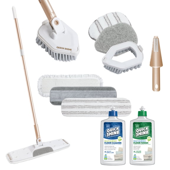Quick Shine Ultimate Gold Clean Polish Mop Kit | All-In-One 11 Pc Kit w/Interchangeable Attachments | Cleaner & Polish Incl | No Batteries Needed | Pro Cleaning System for All Floors | 2-in-1 Mop