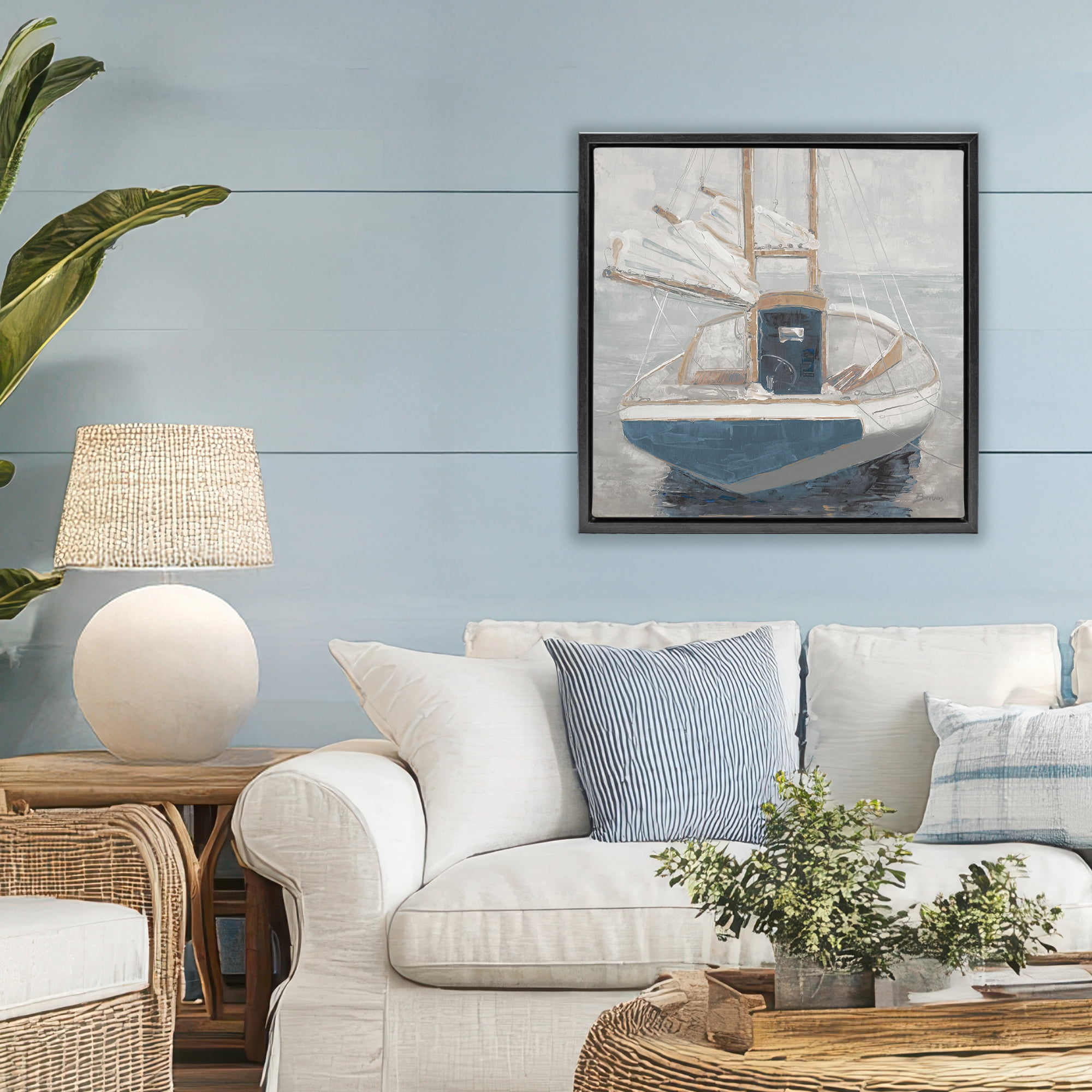 Stupell Industries Serene Harbor Sail Boat Black Framed Floater Canvas Wall Art, design by John Burrows