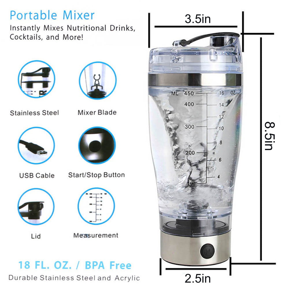 7LMiXX USB Rechargeable Premium Stainless Steel Electric Shaker Bottle  Portable Blender for Protein Powder and Drinks, 20oz Bottle with Powder  Storage Compartment Pod, Silver 