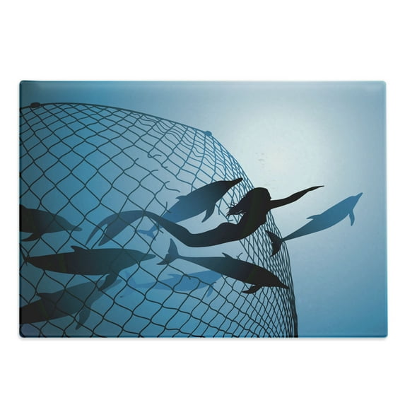Underwater Cutting Board, Mermaid Rescues Flight of Dolphins from Fishing Net Freedom Diverrtwork Print, Decorative Tempered Glass Cutting and Serving Board, Large Size, Blue, by Ambesonne